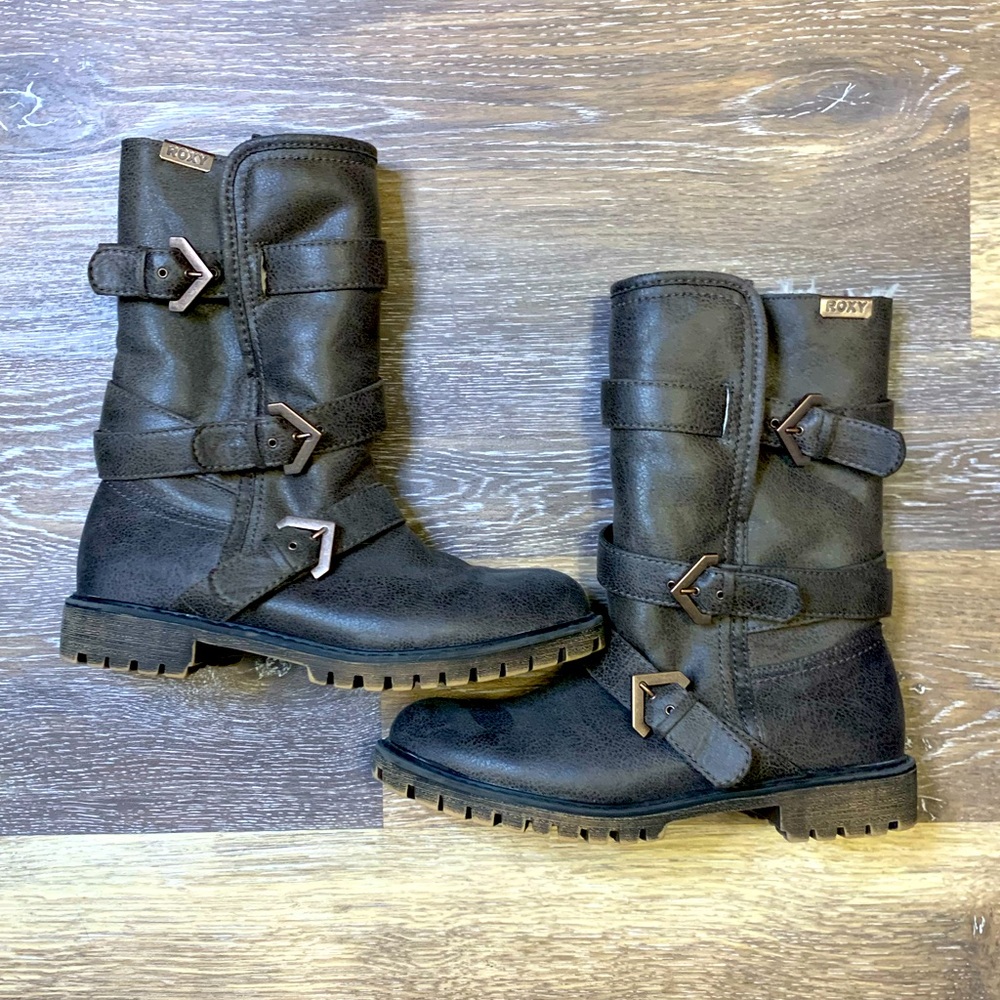 Dark brown fuzzy combat boots